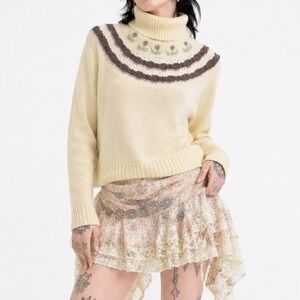 70s Vintage Cream Floral Turtleneck Sweater Womens XS Embroidered Collage Pastel